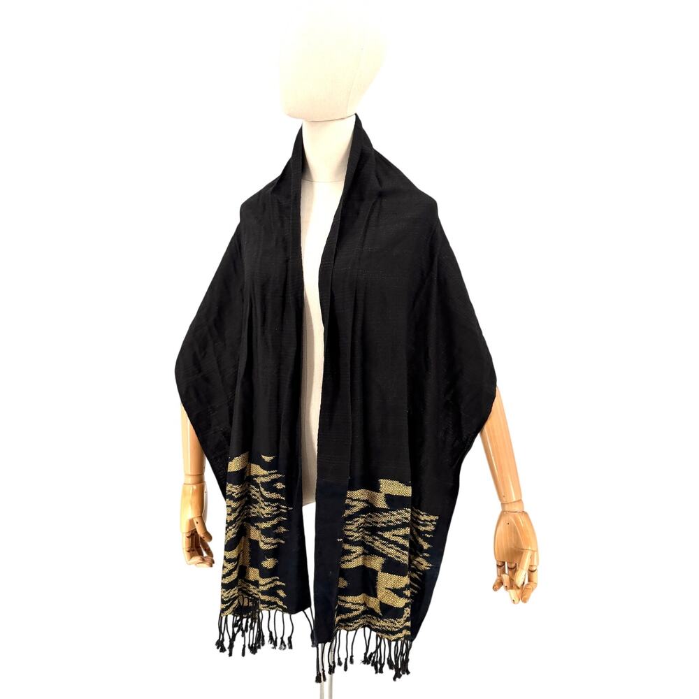 Studio Naenna Black Tan Ikat 100% Cotton Handwoven Fringed Shawl Scarf